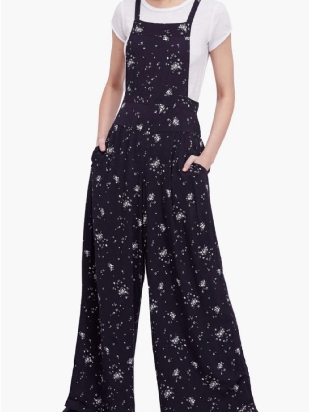 Free People sweet in the streets Black Floral Wide-Leg Bib Jumpsuit
